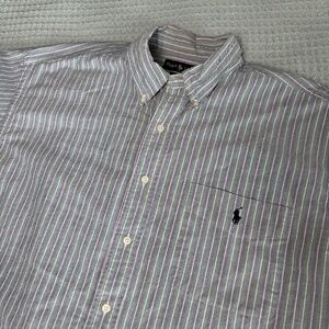 Vintage Ralph Lauren Big Shirt Oxford Mens Large Green Blue Stripe Button Down